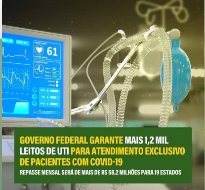 Governo Bolsonaro autoriza a abertura de 1.152 leitos de UTI, custo mensal será de R$ 58,2 milhões.