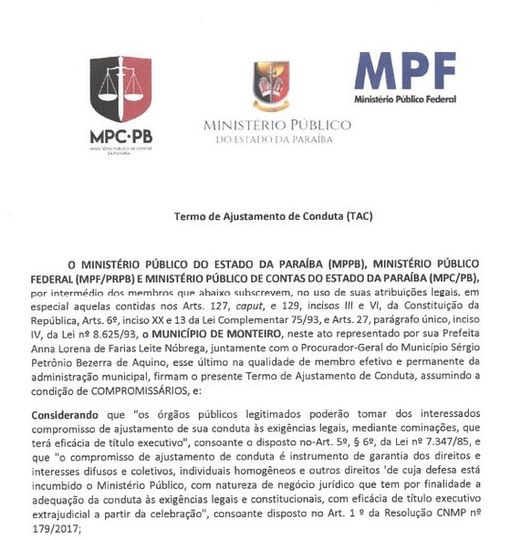 MPC-PB, MPE-PB e MPF firmam TAC com o município de Monteiro acerca dos festejos juninos