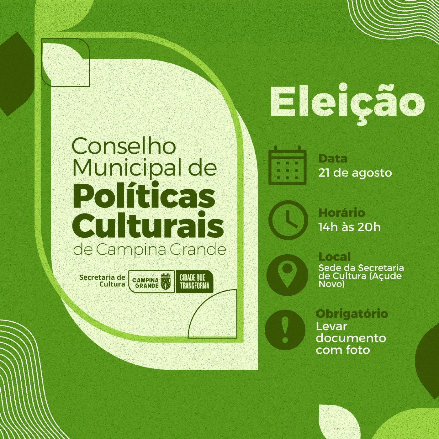 Prefeitura de Campina Grande realiza eleição para Conselho Municipal de Políticas Culturais nesta segunda-feira